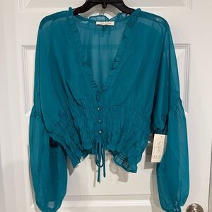 Lily Star Teal Sheer Ruffle Crop Blouse – Size Medium (NWT)